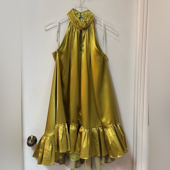 Mac Duggal Keyhole High Neck Satin Ruffle Hem Mini Dress Apple Green - Picture 4 of 7